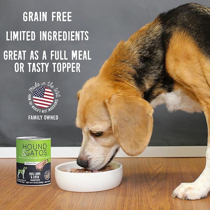 Hound & Gatos Wet Dog Food, 98% Real Meat, Single Protein Lamb Recipe, High Protein, Supports Digestive Health, Limited Ingredients, Grain Free, 13 oz. Cans (Pack of 12)