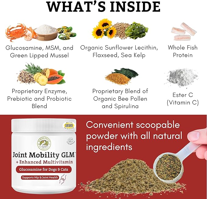 Wholistic Pet Organics - Hip and Joint Supplement for Dogs & Cats - Cat & Dog Joint Supplement - Green Lipped Mussels, Glucosamine, Chondroitin for Dogs & Cat Mobility Support - 1 Lb - 45 Scoops