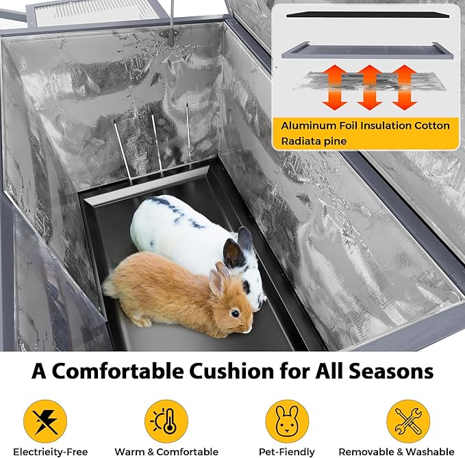 COZIWOW Large Wooden Rabbit Hutch Outdoor Indoor Bunny Cage, 2-Level Small Animal House Enclosure with All-Covered Sloped Roof (Grey with Warm)