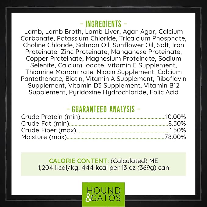 Hound & Gatos Wet Dog Food, 98% Real Meat, Single Protein Lamb Recipe, High Protein, Supports Digestive Health, Limited Ingredients, Grain Free, 13 oz. Cans (Pack of 12)