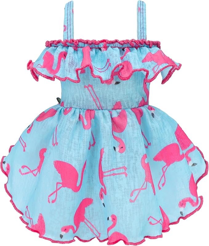 Fitwarm Flamingo Dress, Summer Clothes for Small Dogs Girl, Ruffled Hawaiian Sundress, Pet Outfit, Blue, Pink, Large