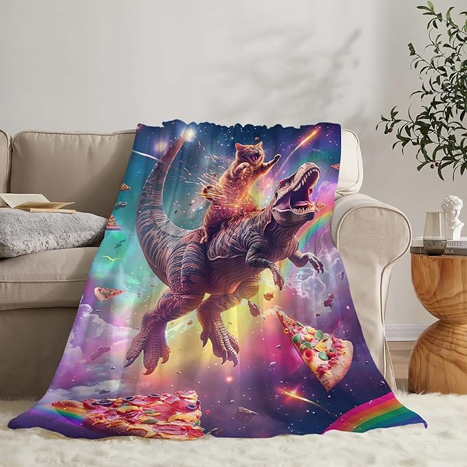 Funny Dinosaur and Cat Blanket Universe Rainbow Pizza Dino Cat Throw Blanket Gifts for Girls Women Kids Adults Super Soft Cozy Plush Fluffy Fuzzy Fleece Blanket Home Decor 40''X50''
