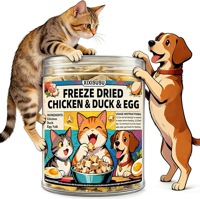 Freeze Dried Chicken Duck & Egg Recipe for Dogs & Cats Treats | 4 oz Canister Freeze Dried Dog Treats | Training Treats for Dogs, Puppies, Kittens & Senior Pets (4 oz)