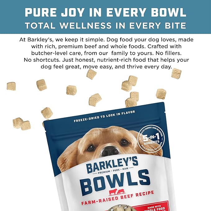 Barkley’s Bowls, Freeze-Dried Raw Beef Dog Food, Fresh Whole Food Ingredients with Farm-Raised Beef, Grain Free, High Protein for Balanced Nutrition, Dog Treats or Topper, 16 Oz Bag (6 Pack)