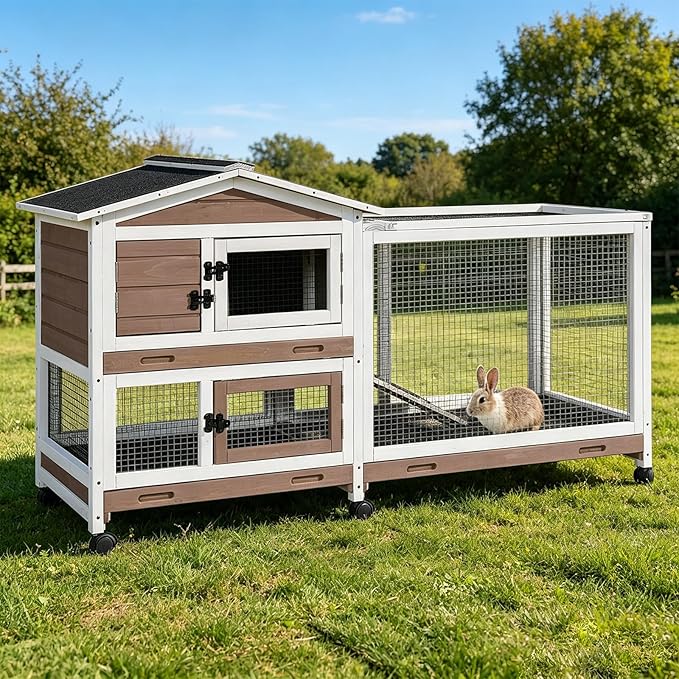 Rabbit Hutch Indoor Outdoor, 62" Wooden Rabbit Cage with 6 Lockable Wheels, Bunny Cage with Pull Out Trays, Waterproof Asphalt Roof, Small Animal House for Rabbits, Guinea Pigs, Chinchillas