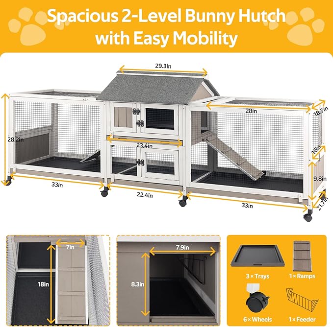 PetsCosset Outdoor Wooden Rabbit Hutch with Double Runs,Waterproof Asphalt Roof Bunny Cage with Raised Floor, Easy-Clean Design Pull Out Tray, Secure & Comfortable Hut for Rabbits