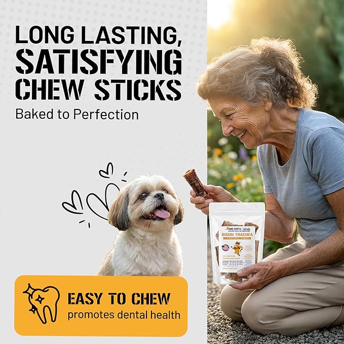 Dog Chits Bison Trachea Dog Treats - 100% Single Ingredient, High Protein, Lower Fat - Glucosamine for Joint Support - Dental-Clean Crunch - Gentler on Digestion Than Beef - 2-3 inch, 8 oz