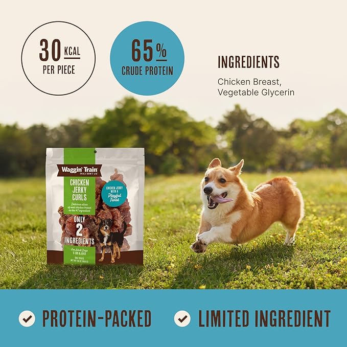 Waggin' Train Chicken Jerky Curls Dog Treats, Made with 100% Real Chicken Breasts, Only Two All-Natural Ingredients, Great High Protein Dog Treat, Easily Digestible for Big or Small Dogs, 16 oz. Pouch