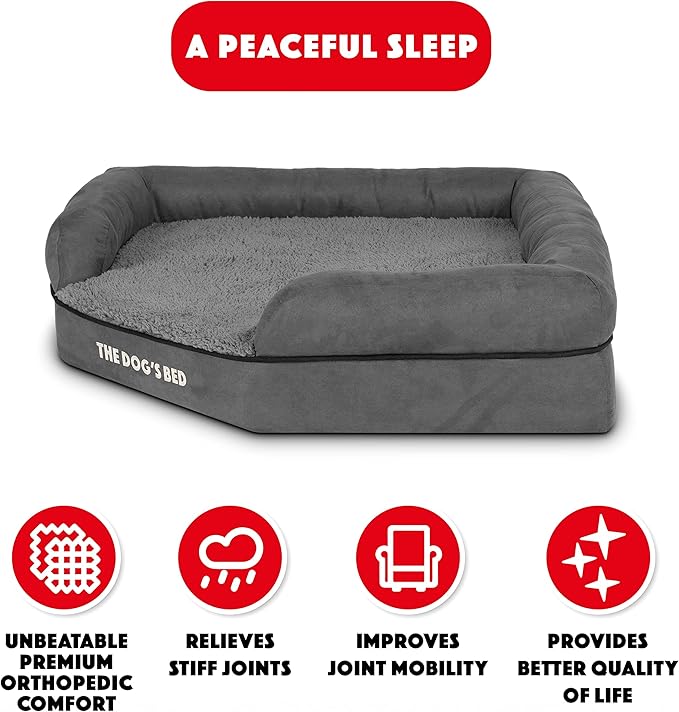 The Dog’s Bed Orthopedic Memory Foam Corner Dog Bed, Calming Surface – CertiPUR-Certified Foam, Plush Fabric, Grey Plush, Large