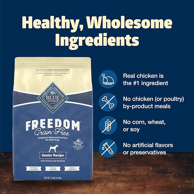 Blue Buffalo Freedom Grain-Free Senior Dry Dog Food, Provides Energy to Stay Active, Made in the USA with Natural Ingredients, Chicken & Potatoes, 11-lb Bag