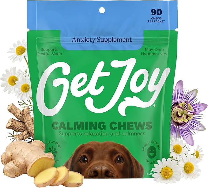 Get Joy Calming Chews Anxiety Supplement for Dogs, Vet Recommended Soft Daily Relaxation & Stress Relief Support with Valerian Root & Chamomile, Made in USA - 90 Count