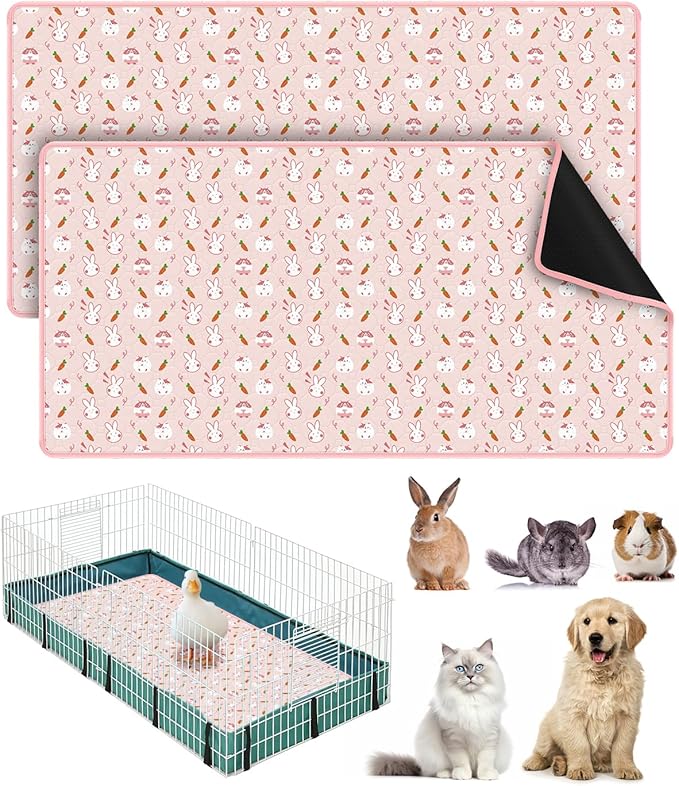 Bissap 2 Packs Guinea Pig Cage Liners, 47''X24'' Washable Guinea Pig Pee Pads Non Slip Reusable Fast and Super Absorbent Bedding for Small Animals Rabbit Hamster Chinchillas Rat - Pink