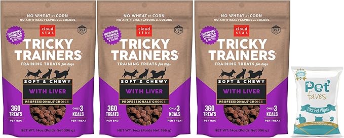 (3 Pack) Cloud Star Tricky Trainers Chewy Dog Treats Whole Grain Soft for Adult & Puppy - Liver 14oz Each with 10ct Pet Wipes