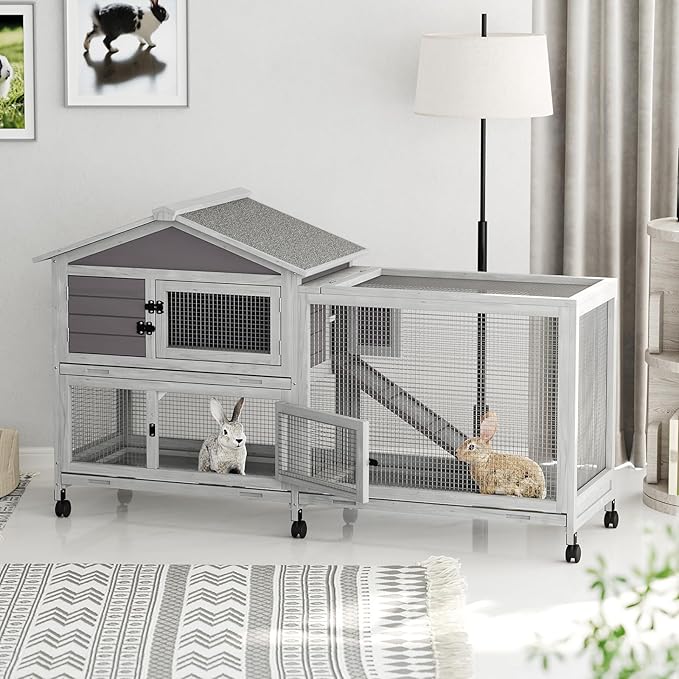 GarveeTech 63" 2-Story Wooden Rabbit Hutch Indoor, Large Bunny Cage Outdoor with 6 Lockable Wheels, Pull-Out Tray & Weatherproof Roof, Small Animal Cage for Rabbit Guinea Pig Chicken Duck, Grey