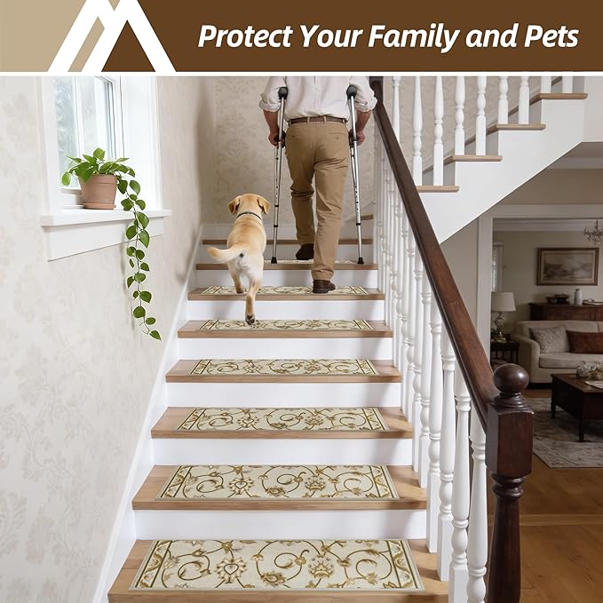 COSY HOMEER-Stair-Treads-for-Wooden-Steps Washable Indoor Stair Treads Non Slip 8" X 30" Soft Stair Carpet Treads Reusable Peel and Stick Stair Runner Rug for Kids, Elders and Pets 4pcs