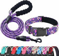 Reflective Dog Collar Padded with Soft Neoprene Breathable Adjustable Nylon Dog Collars for Small Medium Large Dogs (Large (Pack of 1), Purple/Pink Floral Collar+Leash)