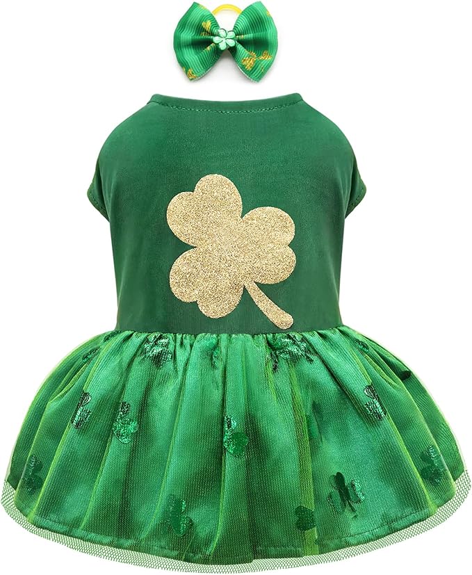 Idepet St. Patrick's Day Dog Dress with Bow Dog Tulle Skirt for Small Dog Girls Green Puppy Dress Cat Apparel Pet Holiday Outfits (Green 2, Small)
