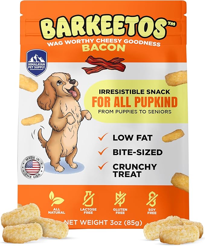 Barkeetos Dog Treats, Crunchy and Cheesy Pet Snacks Made with Real Himalayan Cheese and Bacon, Gluten Free, Grain Free, Lactose Free, Natural Dog Food for All Breeds and Sizes