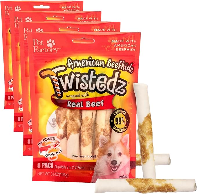 Pet Factory Twistedz American Beefhide 5" Chip Rolls Dog Chew Treats w/Real Beef Meat Wrap - 8 Count/4 Pack