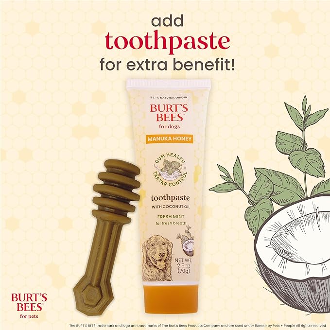 BURT'S BEES FOR PETS Dental Treats for Dogs with Manuka Honey & Ginger, Holistic, Plant-Based Oral Care, 98% Natural Origin Formulas, Peanut Butter Flavor, Dog Treats Small Dogs, Sz Small 10ct, 7 oz