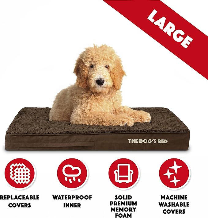 The Dog’s Bed Orthopedic Memory Foam Dog Bed for Large Dogs, Waterproof Washable Cover, Anti-Slip Base, Calming Surface – CertiPUR-Certified Foam, Brown Plush, 4 Inch Thick