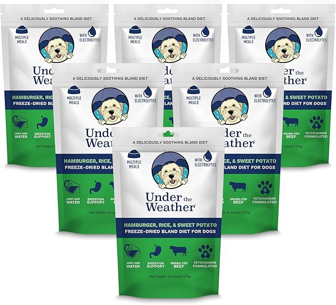 Under the Weather Easy to Digest Bland Diet for Sick Dogs | Contains Electrolytes | Gluten Free, All Natural, Freeze Dried 100% Human Grade Meats | 6 Pack - Hamburger, Rice & Sweet Potato
