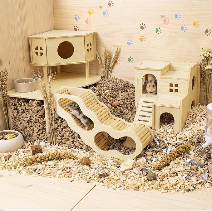 BreezeHug 4 Pcs Hamster Platform Hideout Wooden Tunnel Ladder Playhouse Hamster Game Climbing Toy with Platform Cage Accessories for Small Pets Dwarf Syrian Mice Degus Gerbils Squirrel(Spy Villa)