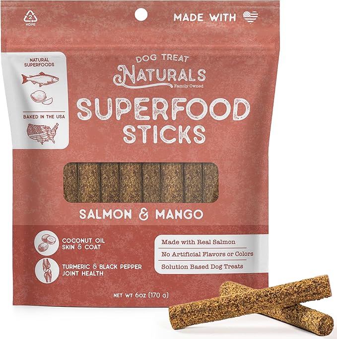 Dog Treat Naturals Superfood Sticks, Salmon & Mango, 6oz Bag | Dog Chew Sticks | All-Natural, Pet Training Treats | Joint-Skin-Coat Health | USA Made
