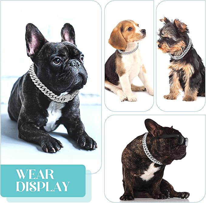 Tallew Silver Dog Chain Diamond Collar Walking Metal Chain Necklace with Secure Buckle Pet Cuban Style Collar Jewelry Accessories for Small Medium Large Dog Cats (28 Inch)