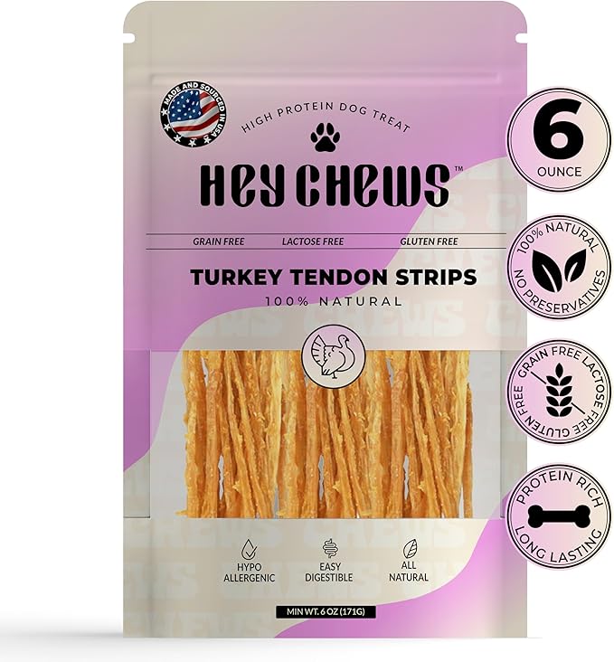 Turkey Tendons for Dogs - Turkey Dog Treats, Tenderloin - Made in The USA -Hypoallergenic Treats for Dogs - 6 oz