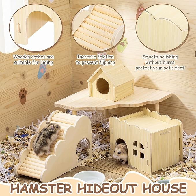 BreezeHug 4 Pcs Hamster Platform Hideout Wooden Tunnel Ladder Playhouse Hamster Game Climbing Toy with Platform Cage Accessories for Small Pets Dwarf Syrian Mice Degus Gerbils Squirrel(Wave House)