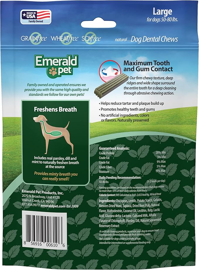 Emerald Pet Fresh Smileezz Dog Dental Treats — Tasty and Chewy Natural Dental Treats for Dogs for Clean Teeth, Fresh Breath, and Healthy Gums — Grain Free Dental Chews — Made in USA — Large, 12.5 Oz
