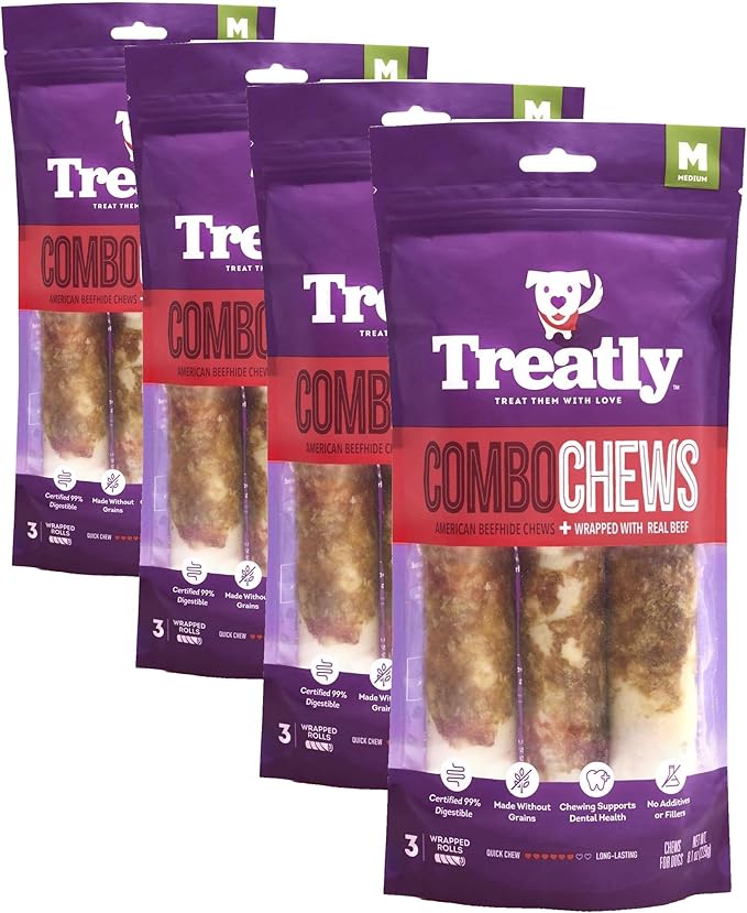 Combo Chews Beefhide Rolls 7" w/Beef Meat Wrap Dog Chew Treats - 3 Count/4 Pack