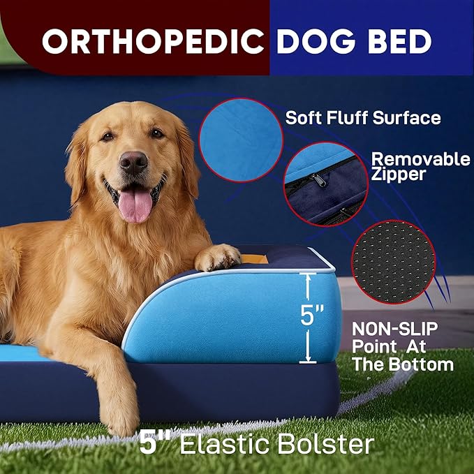 Comfort Expression Orthopedic Dog Bed for Extra Large Dogs 42x30 Inch, Waterproof Egg Crate Foam XL Pet Bed with Removable Bolsters, Dog Couch with Washable Cover & Non-Slip Bottom, Houston