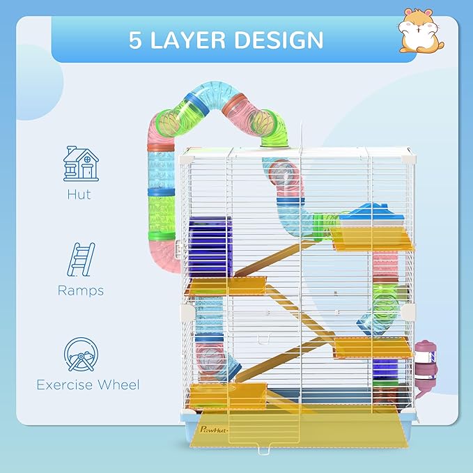 PawHut 18" 5 Tier Hamster Cage with Tubes and Tunnels, Small Animal Cage with Portable Carry Handle, Gerbil Cage with Water Bottle, Food Dish, Exercise Wheel, Light Blue