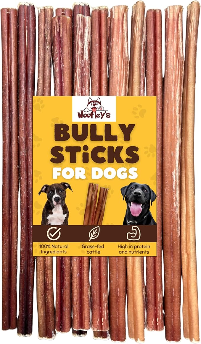 Woofley's 12 Inch Bully Sticks for Small Dogs - (15 Count) - Bully Sticks for Dogs - Long Lasting Dog Chews