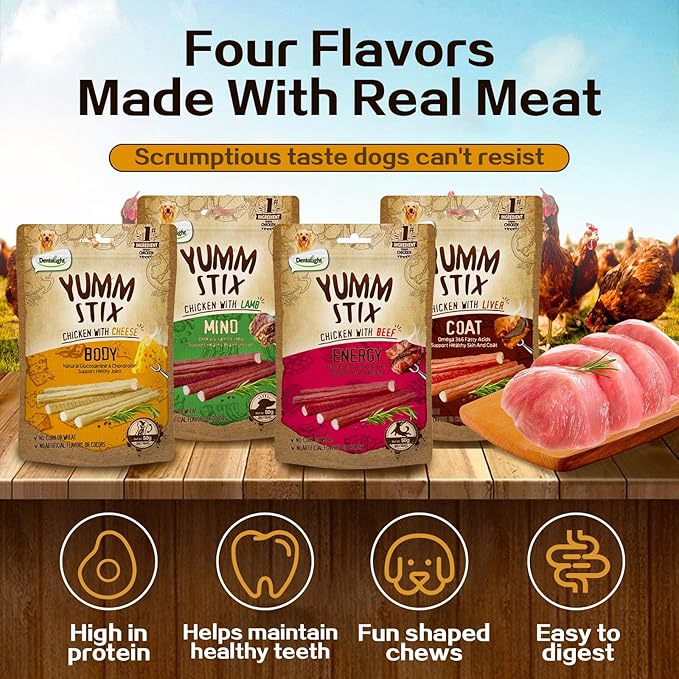 Dog Soft Chewy Treats Yumm Stick, Chicken with Beef/Lamb/Liver/Cheese, High Protein, Energy Support, DHA & Omega 3 & 6