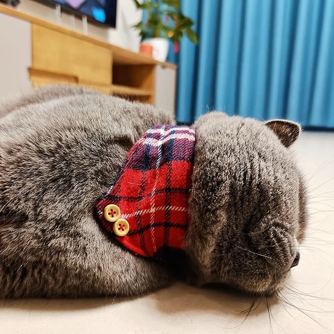3PCS Bow Tie Dog Collar and Leash Set Plaid/Camo/Dots/Flower Dog Bandanas with Bell 3 Size Adjustable for Small Dogs Puppies and Cats (XS, Red Plaid 3)