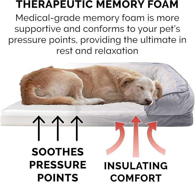 Furhaven Memory Foam Dog Bed for Large Dogs w/ Removable Bolsters & Washable Cover, For Dogs Up to 125 lbs - Plush & Velvet Waves Perfect Comfort Sofa - Granite Gray, Jumbo Plus/XXL