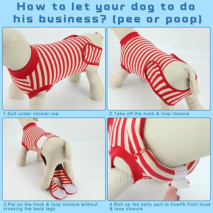 2 Packs Breathable Cotton Dog Recovery Suit for After Neuter Spay Abdominal Wounds Protector, Professional Anti-Licking Onesies for Male Female Pets Surgery Bandages, M Red & Blue Stripes
