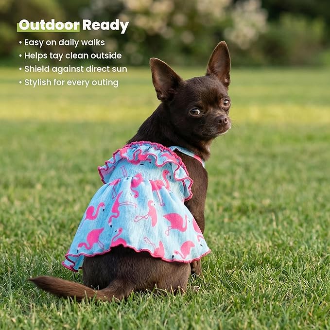 Fitwarm Flamingo Dog Dress, Summer Clothes for Small Dogs Girl, Ruffled Hawaiian Sundress, Pet Outfit, Blue, Pink, XS