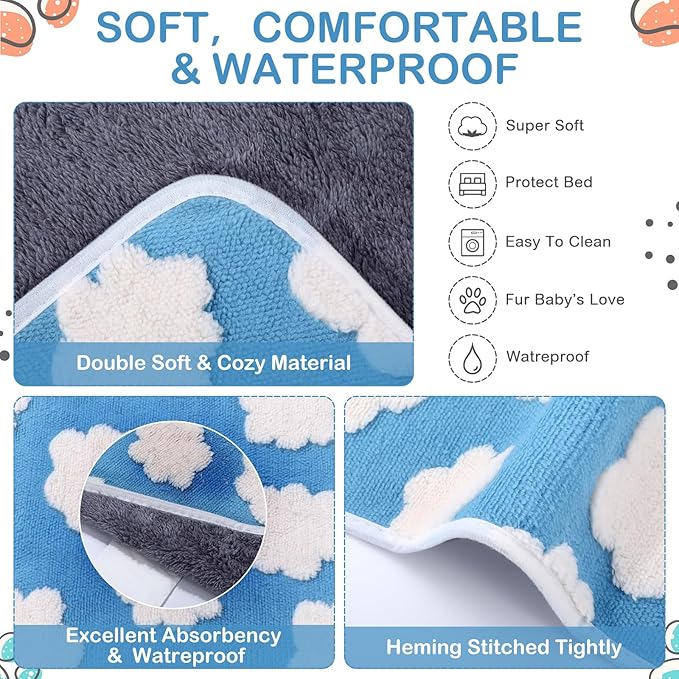 Reginary 4 Pcs Waterproof Guinea Pig Blankets Washable Small Animal Fleece Bedding Guinea Pig Cage Liners Reusable Training Pads Pet Pee Pad Sleep Mat for Hamster (White Clouds,12 x 12 Inch)