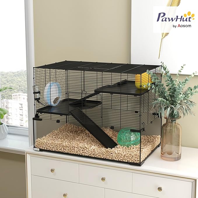 PawHut Large Hamster Cage with Deep Tempered Glass Bottom, 3 Tiers Hamster Tank with Running Wheel, Hut, Water Bottle, Dish, Rat Cage for Syrian, Dwarf, Gerbils, Mouse, 30" x 19" x 21.5", Black
