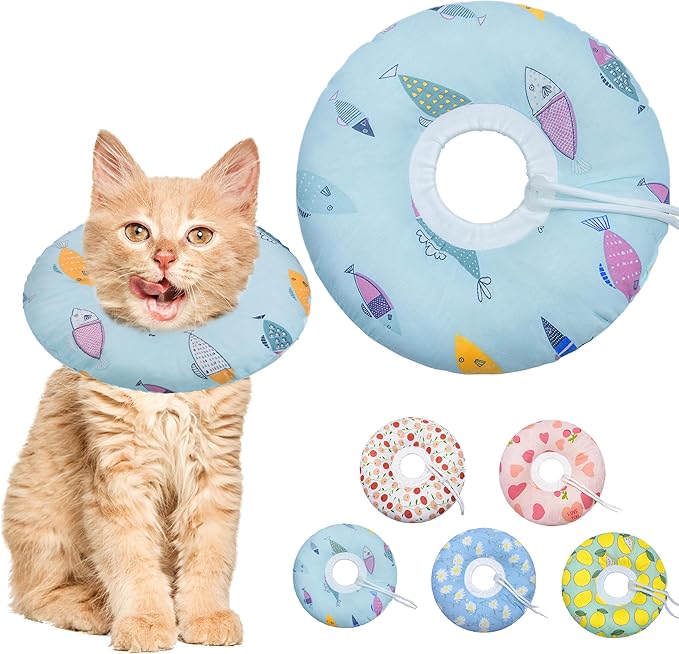 Seyezo Cat Cone Collar Soft, Kitten Spay Soft Cones to Stop Licking, Cat Neck Donut Pillow After Surgery, Kittens Protective Collar After Spay, Cute Recovery Cone for Cats (Blue Fish, Small)