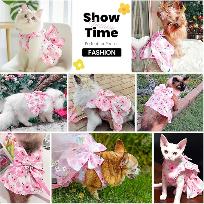 ABRRLO Cute Dog Dress Small Dog Clothes for Girls Female Puppy Outfits Pink Floral Pet Summer Clothes Bowknot Doggy Cat Princess Dress Harness Set for Holiday Birthday Party Costume Clothing (Pink,S)