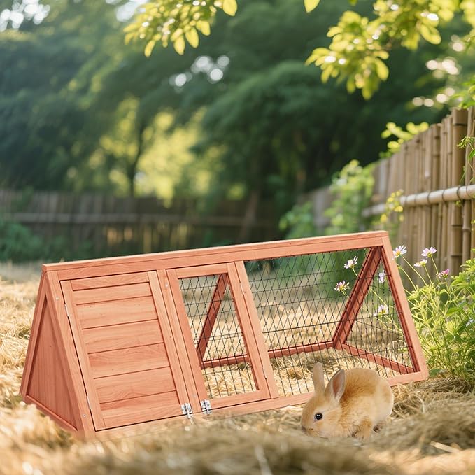 Wooden Rabbit Run Cage Outdoor,A-Frame Bunny Playpen House Indoor,Small Bunny Hutch with Ventilating Wire Fence for Puppy Rabbits (Wood)