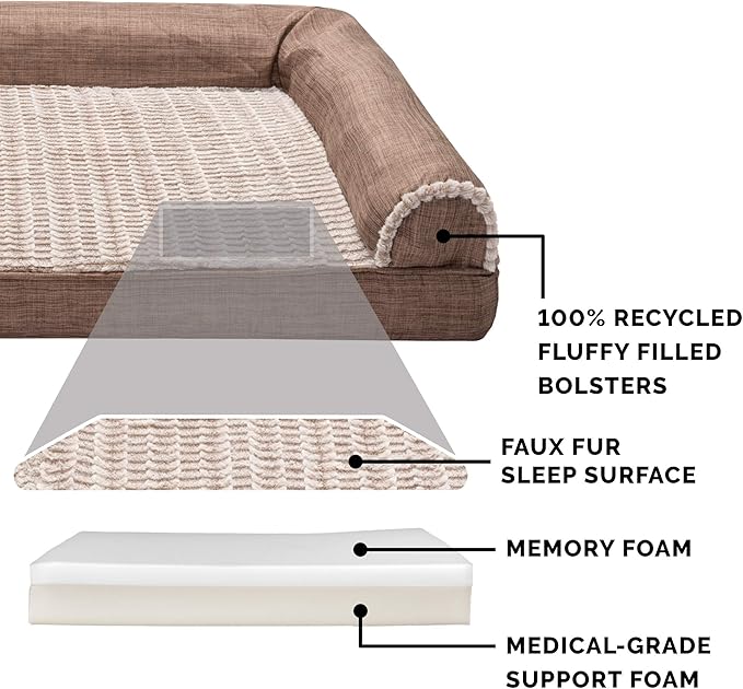Furhaven Memory Foam Dog Bed for Large Dogs w/ Removable Bolsters & Washable Cover, For Dogs Up to 125 lbs - Luxe Faux Fur & Performance Linen Sofa - Woodsmoke, Jumbo Plus/XXL