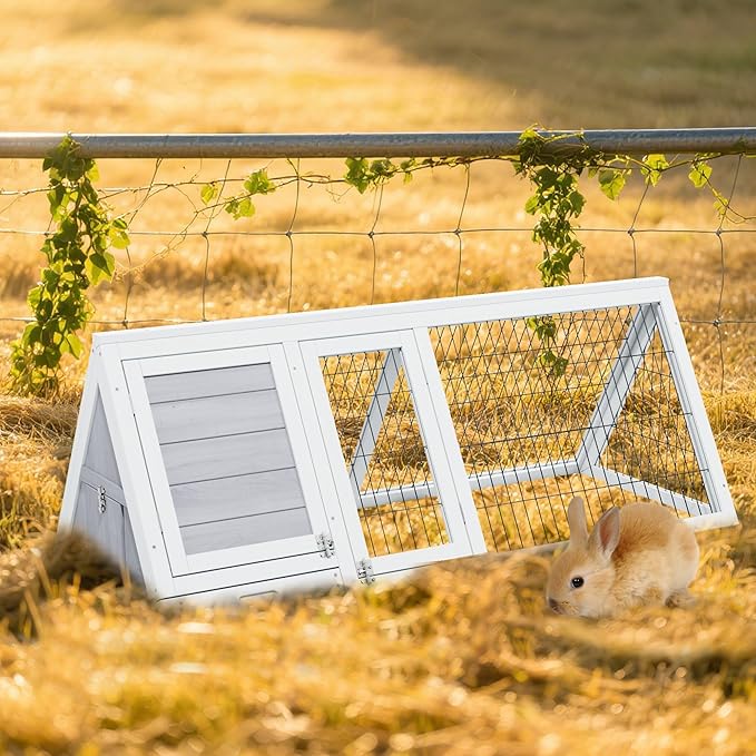 Wooden Rabbit Cage Indoor,A-Frame Bunny Playpen House Outdoor,Small Bunny Hutch with Ventilating Wire Fence for Puppy Rabbits (Grey)