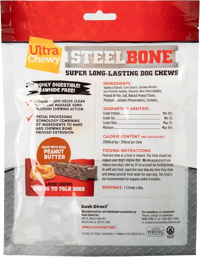 Ultra Chewy Steel Bones Large Size Peanut Butter Flavor - Super Long Lasting Dog Chews - Rawhide Free & Highly Digestible - Unique Shape Helps Clean Teeth - Ideal Dog Bones for Aggressive Chewers