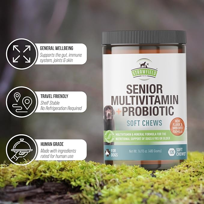 Strawfield Pets Senior Multivitamin + Probiotics for Dogs with Milk Thistle Joint Support Supplement for Dogs Bacon Flavor 120 Soft Chews